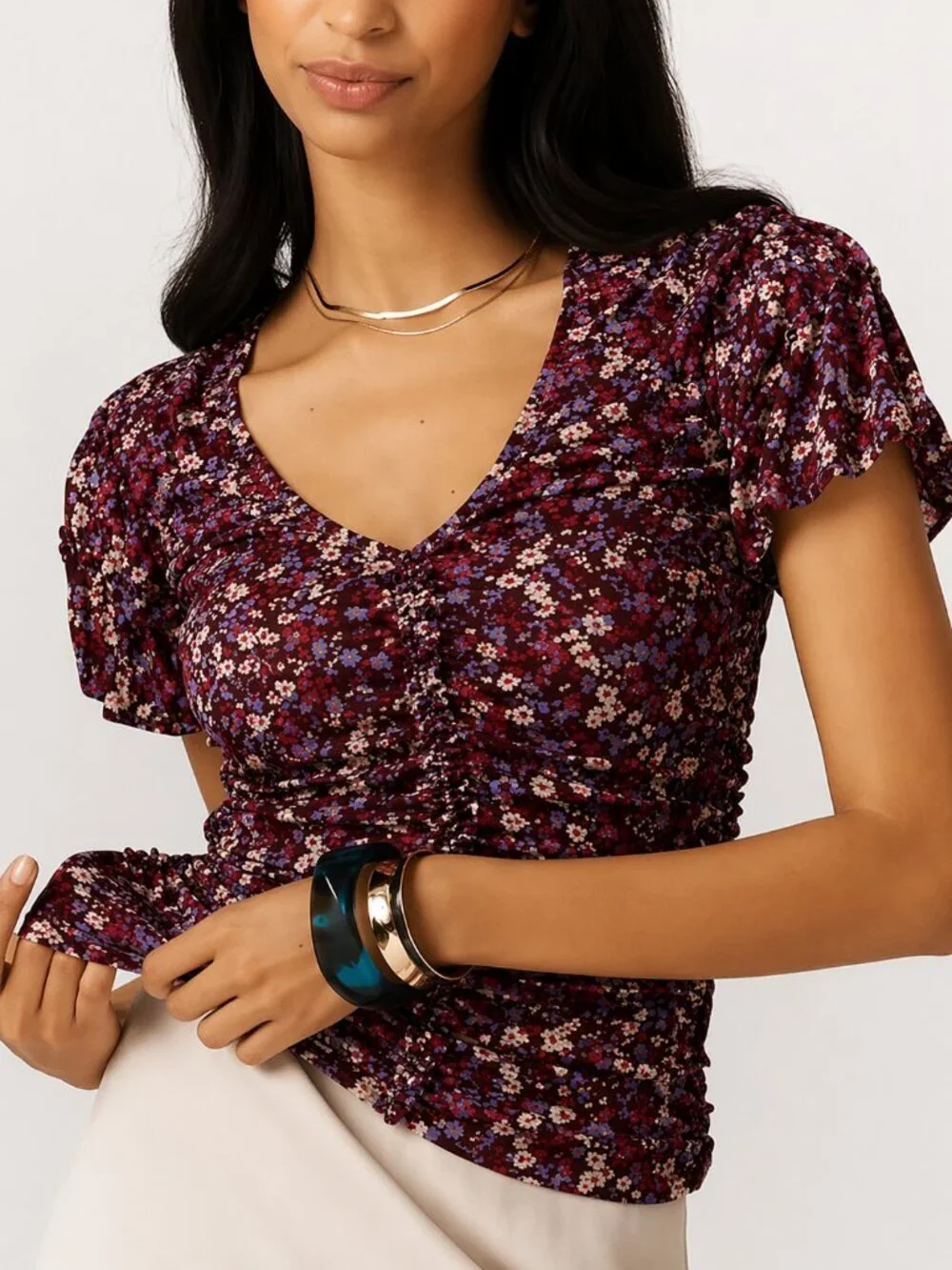 Anthropologie NEW Aurelia Ruched Shirred Red Ditsy Floral Mesh Top SZ Medium Y2K
